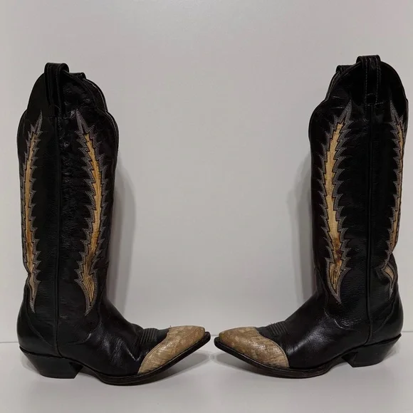 Tony Lama Vintage Black Leather Snake Cowboy Boots - Picture 6 of 17
